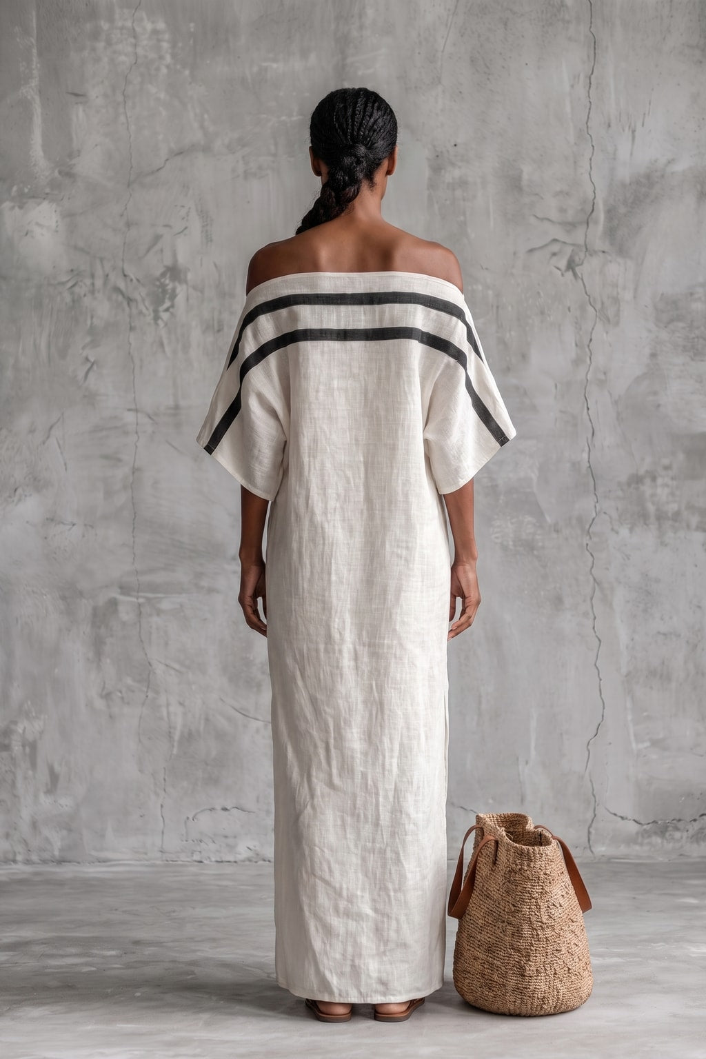 Linen Blend Maxi Dress with Off-Shoulder Batwing Sleeves - 3