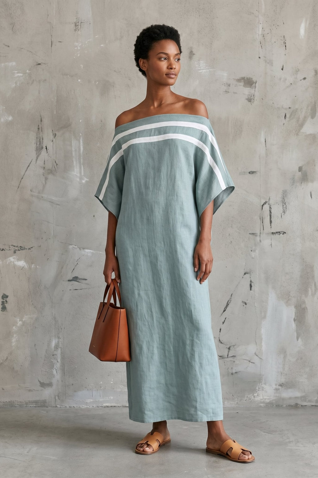 Linen Blend Maxi Dress with Off-Shoulder Batwing Sleeves - 4
