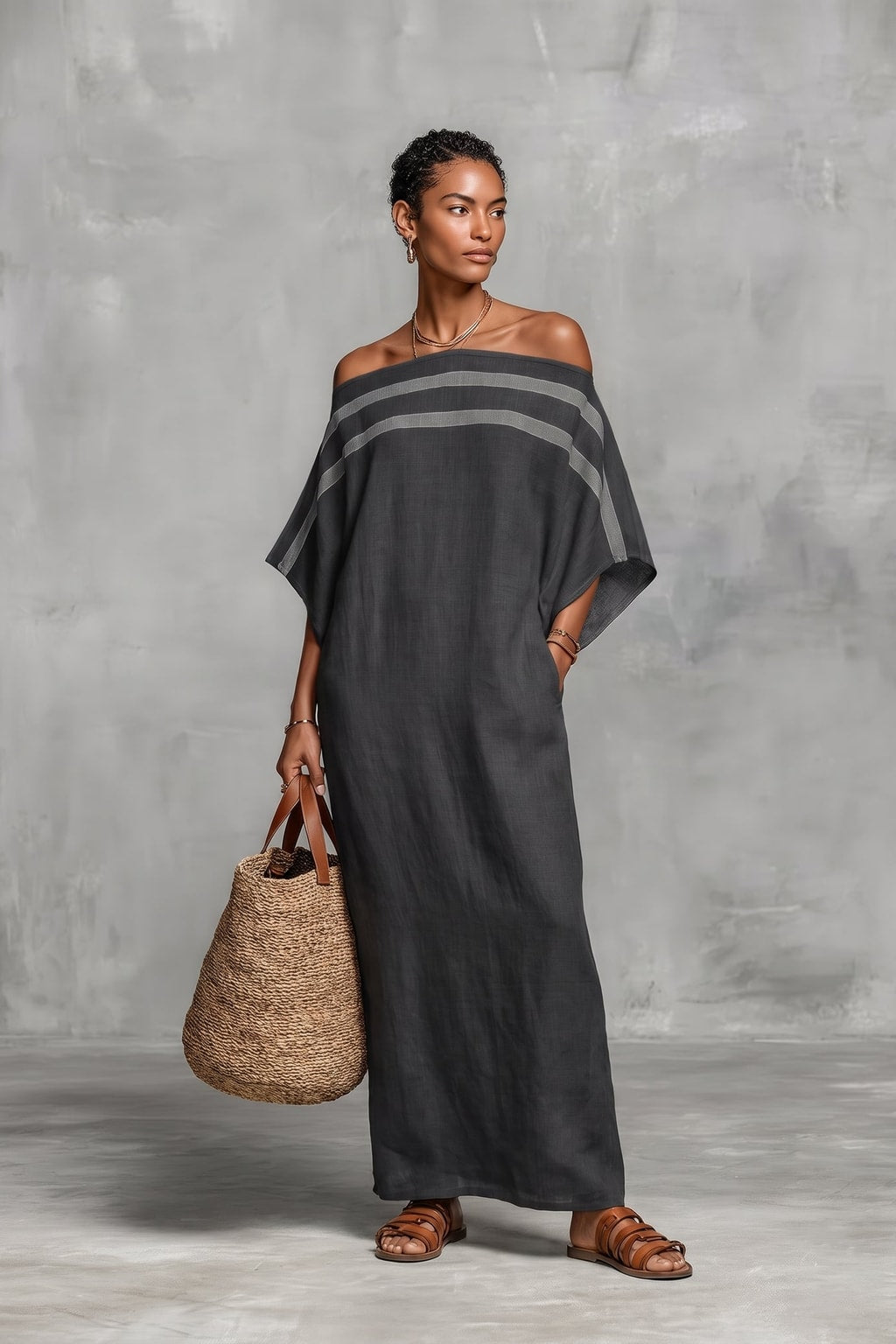 Linen Blend Maxi Dress with Off-Shoulder Batwing Sleeves - 5