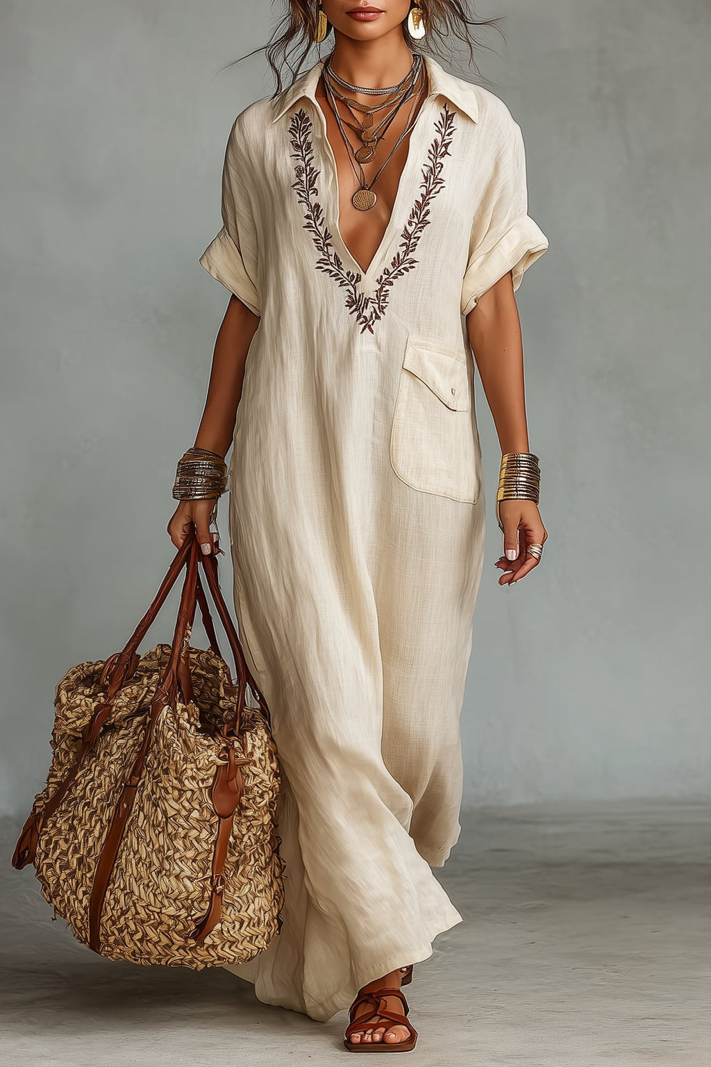 Linen Blend Maxi Dress Embroidered Shirt Style - 2