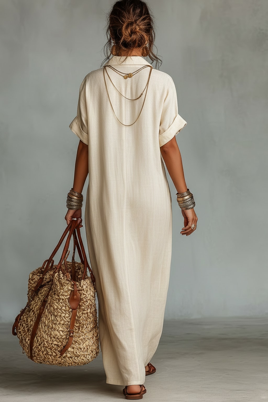 Linen Blend Maxi Dress Embroidered Shirt Style - 3