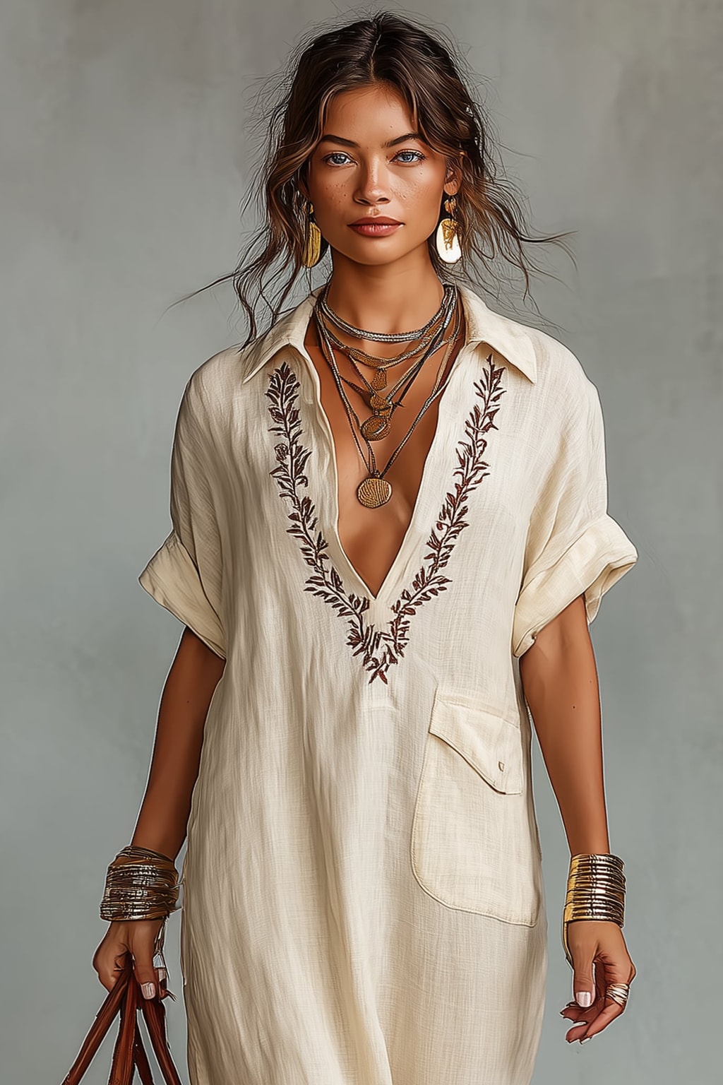 Linen Blend Maxi Dress Embroidered Shirt Style - 4