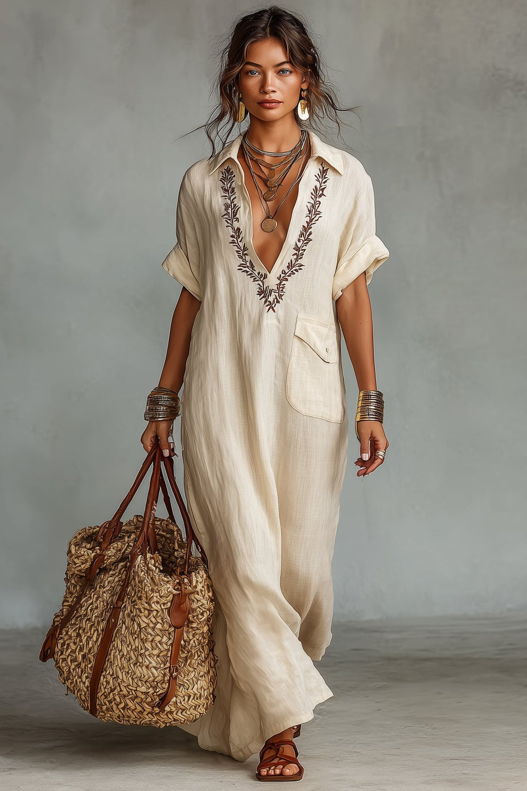 Linen Blend Maxi Dress Embroidered Shirt Style - 6