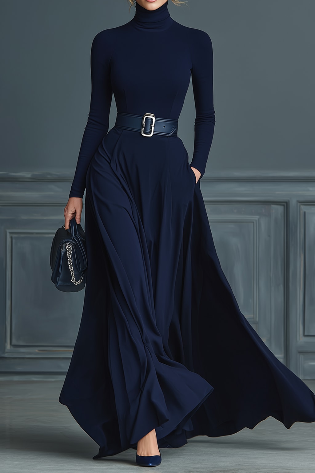 Knit Maxi Dress Dark Blue High-Neck - 2