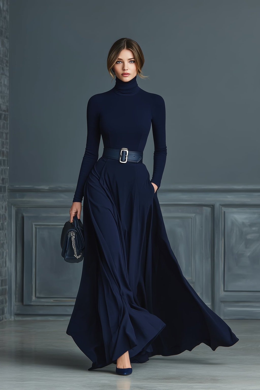 Knit Maxi Dress Dark Blue High-Neck - 3