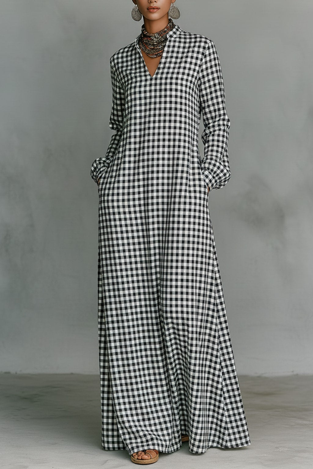 Cotton Maxi Dress Plaid V-Neck Long Sleeve - 2