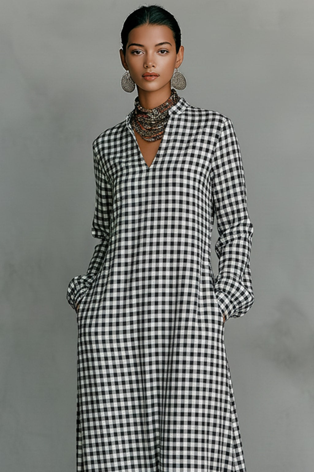 Cotton Maxi Dress Plaid V-Neck Long Sleeve - 3