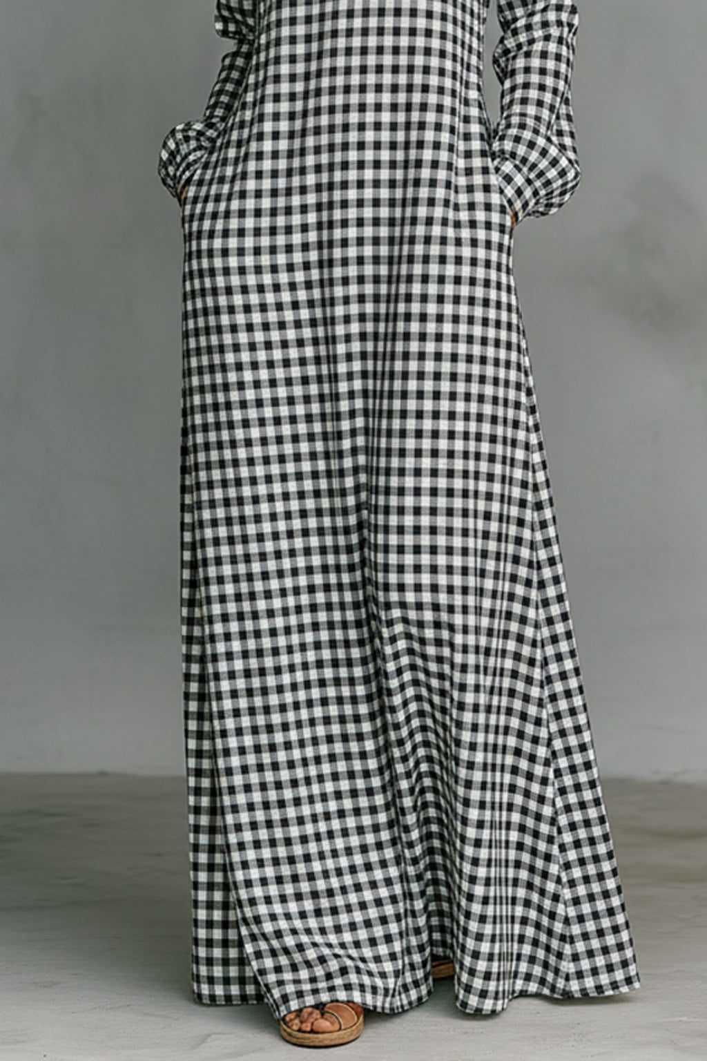 Cotton Maxi Dress Plaid V-Neck Long Sleeve - 4