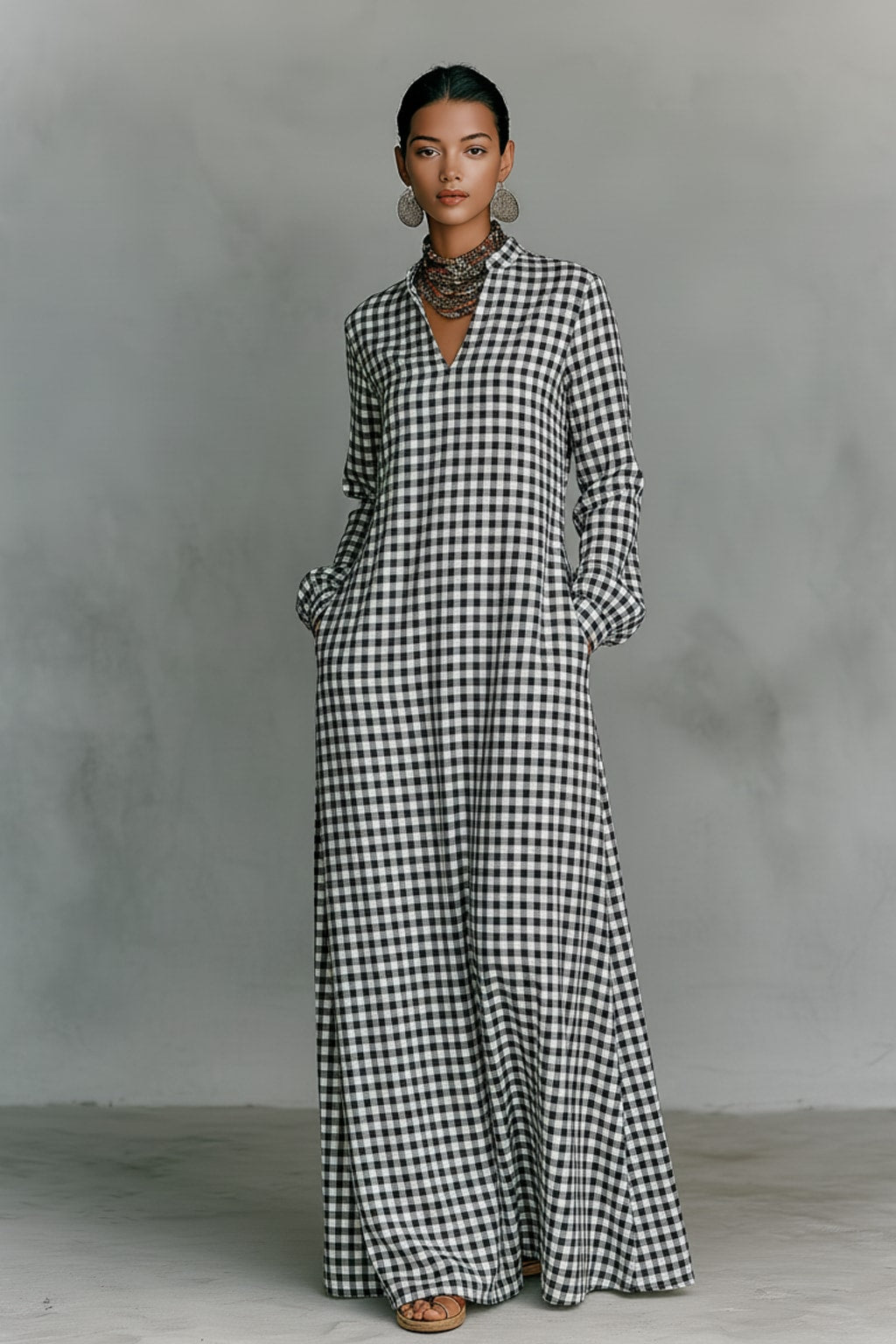 Cotton Maxi Dress Plaid V-Neck Long Sleeve - 5