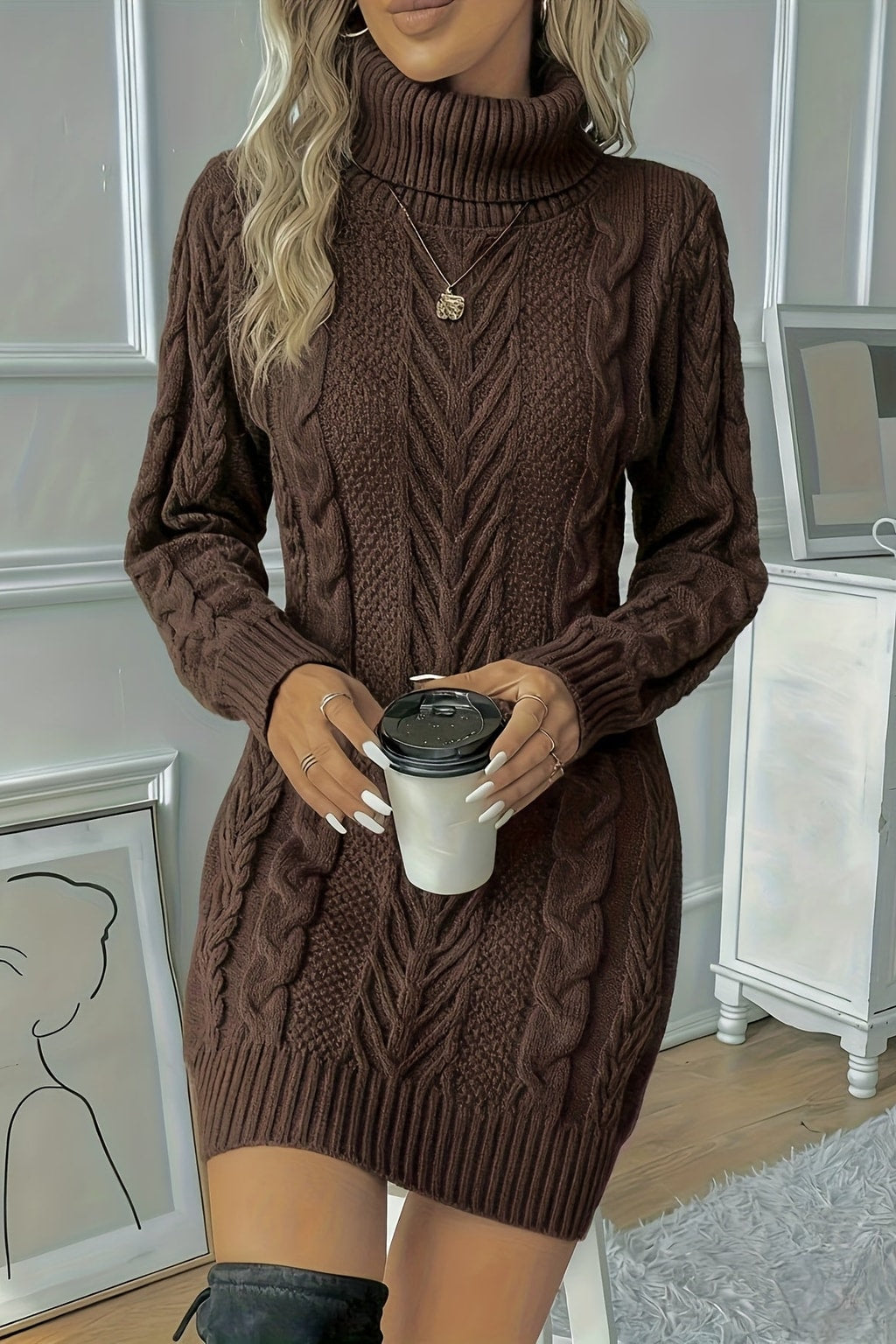 Knit Sweater Dress Turtleneck Bodycon Mini Style - 10