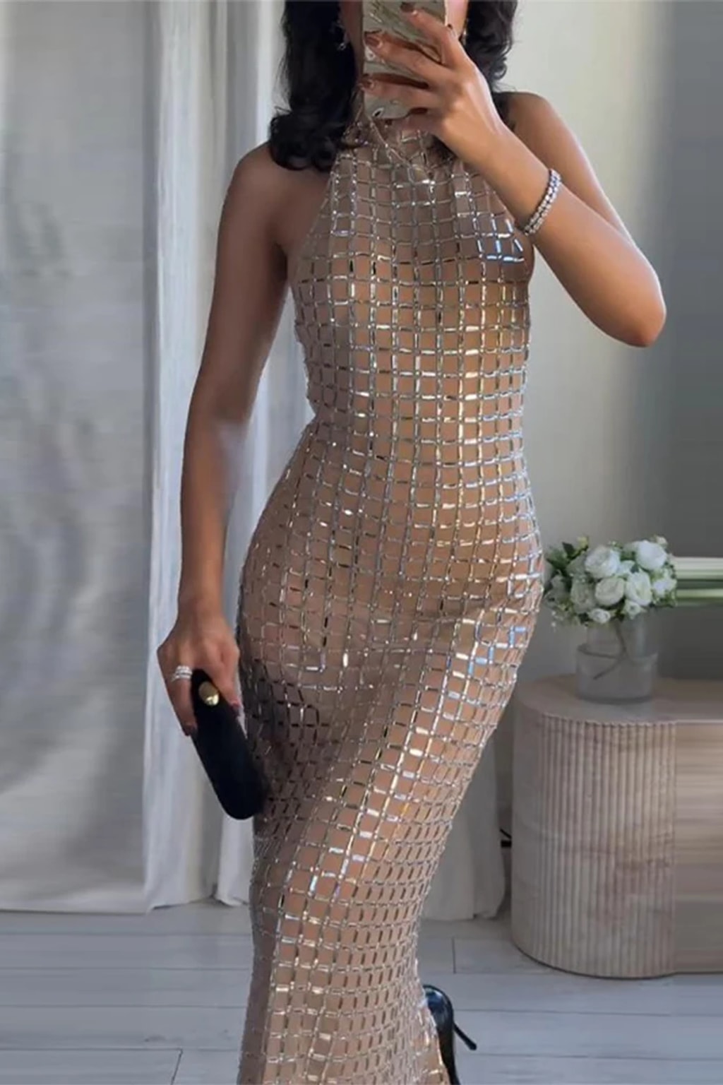 Sequin Dress Halter Neck Sleek Silhouette - 6