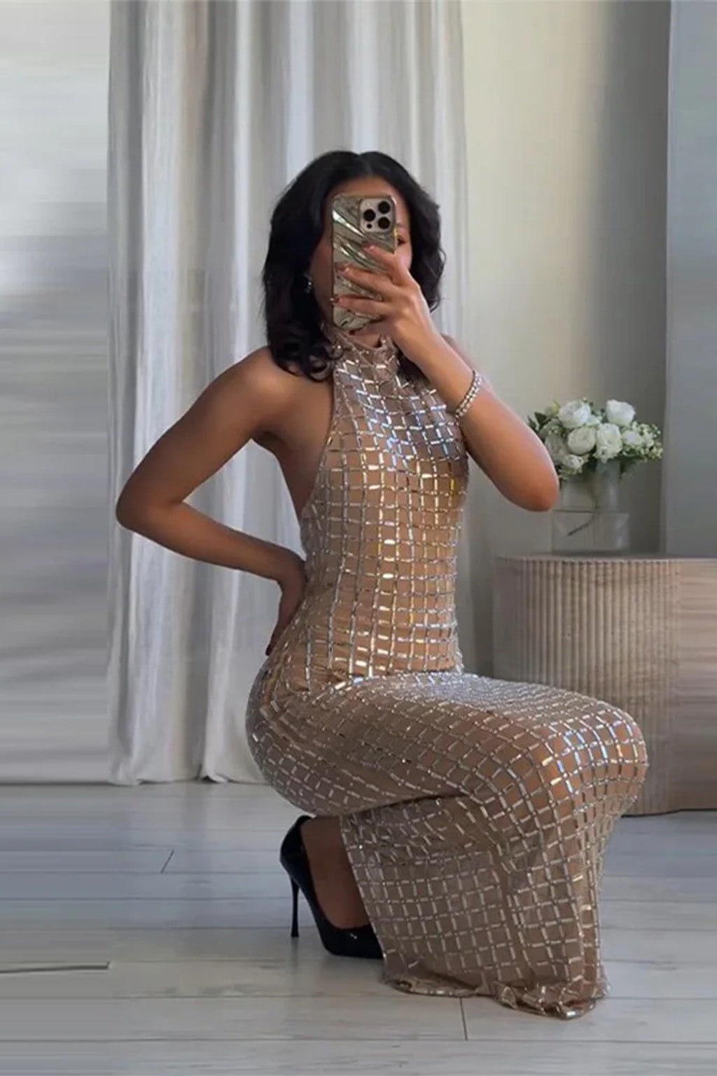 Sequin Dress Halter Neck Sleek Silhouette - 3