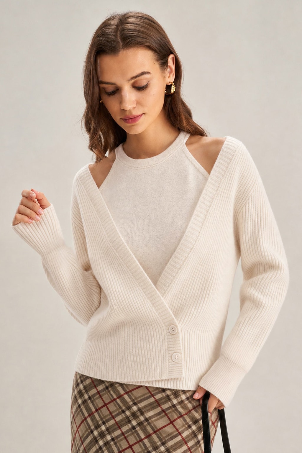 Polyester Knit Cardigan V Neck Button - 2