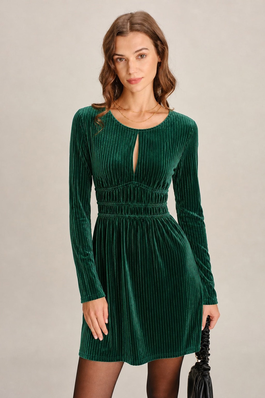 Velour Mini Dress Green Tunic A-Line - 2