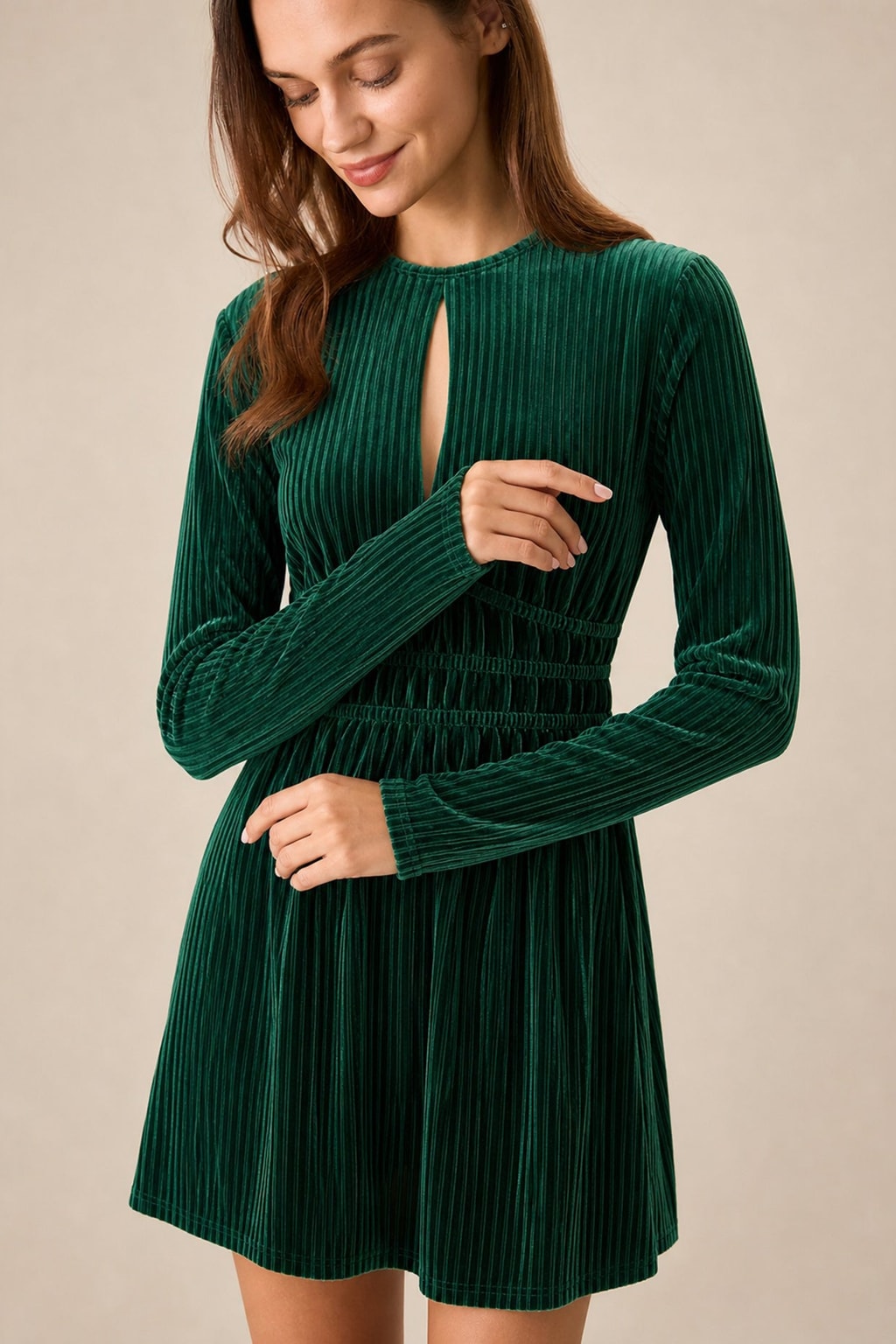 Velour Mini Dress Green Tunic A-Line - 3