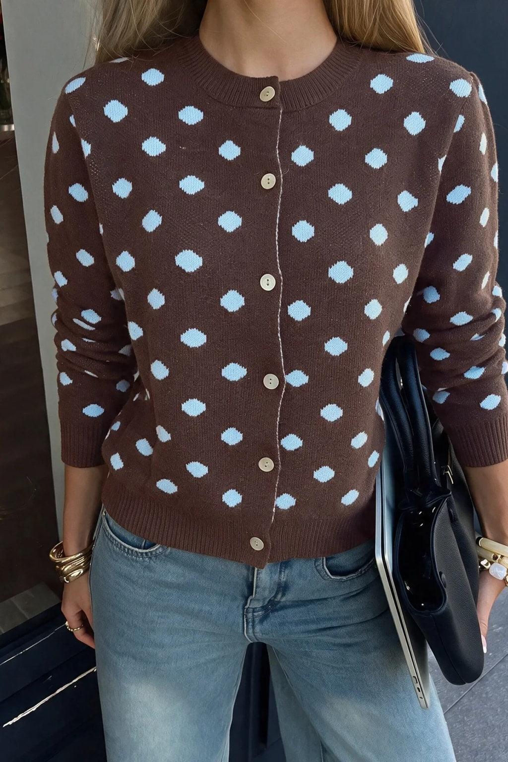 Knit Cardigan Polka Dot Button Sweater Jacket - 6
