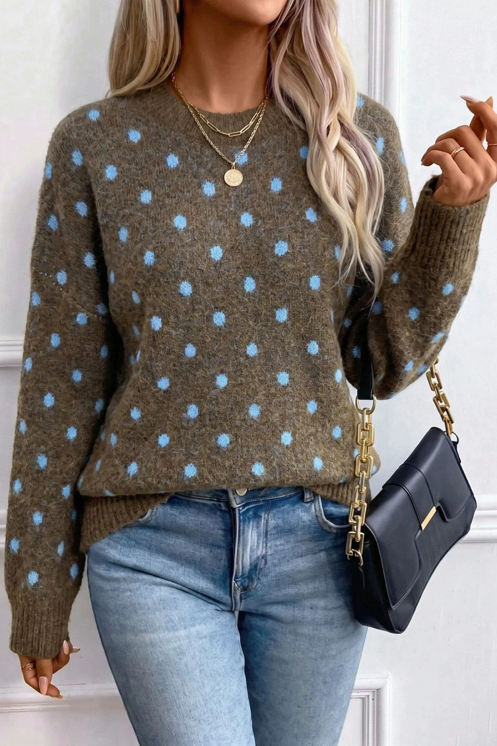 Knit Sweater Polka Dot Crew Neck Pullover - 3