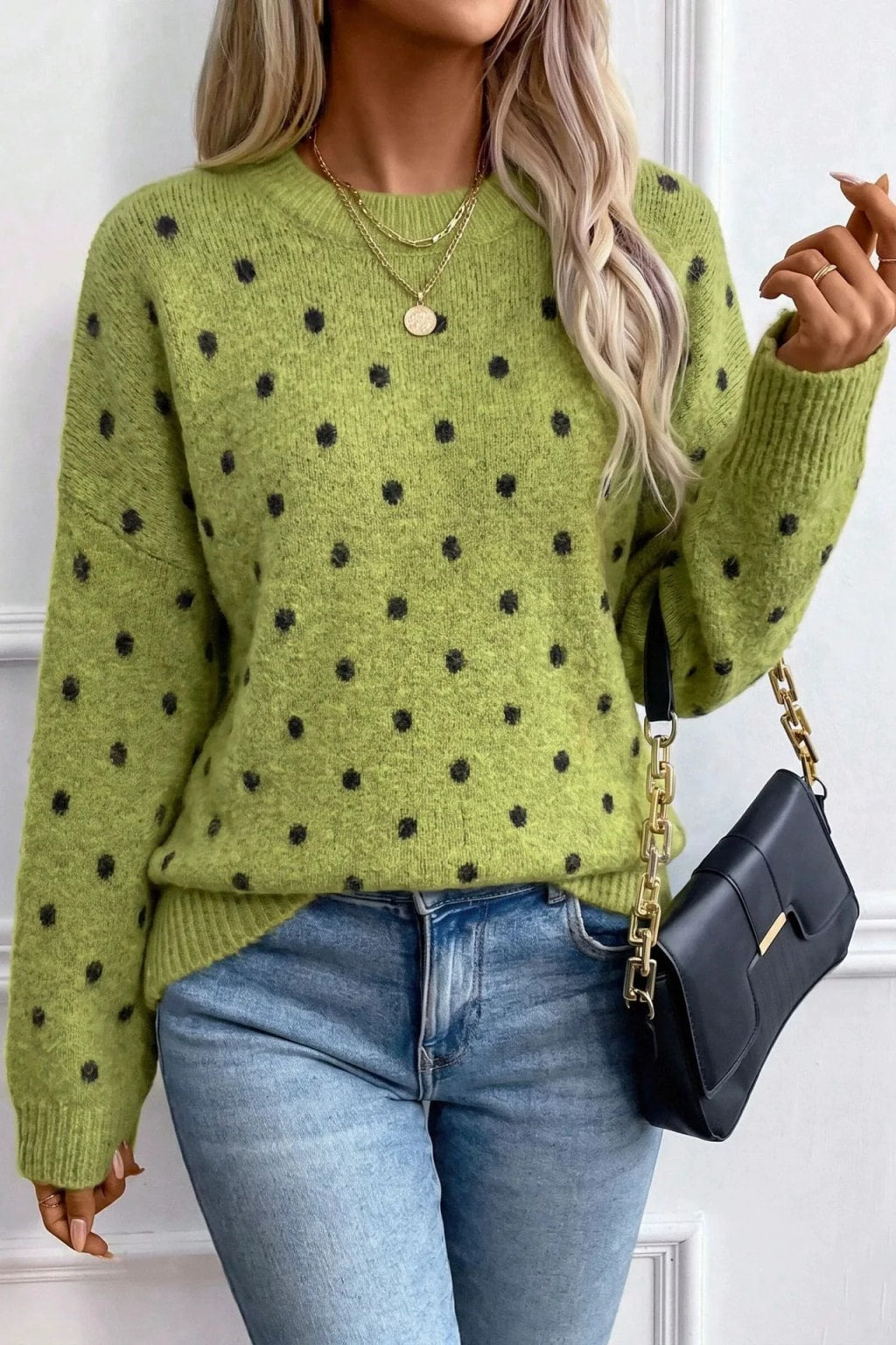 Knit Sweater Polka Dot Crew Neck Pullover - 4