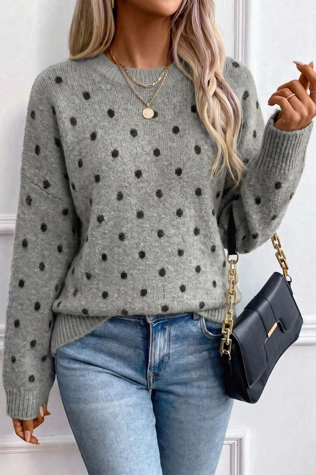 Knit Sweater Polka Dot Crew Neck Pullover - 6