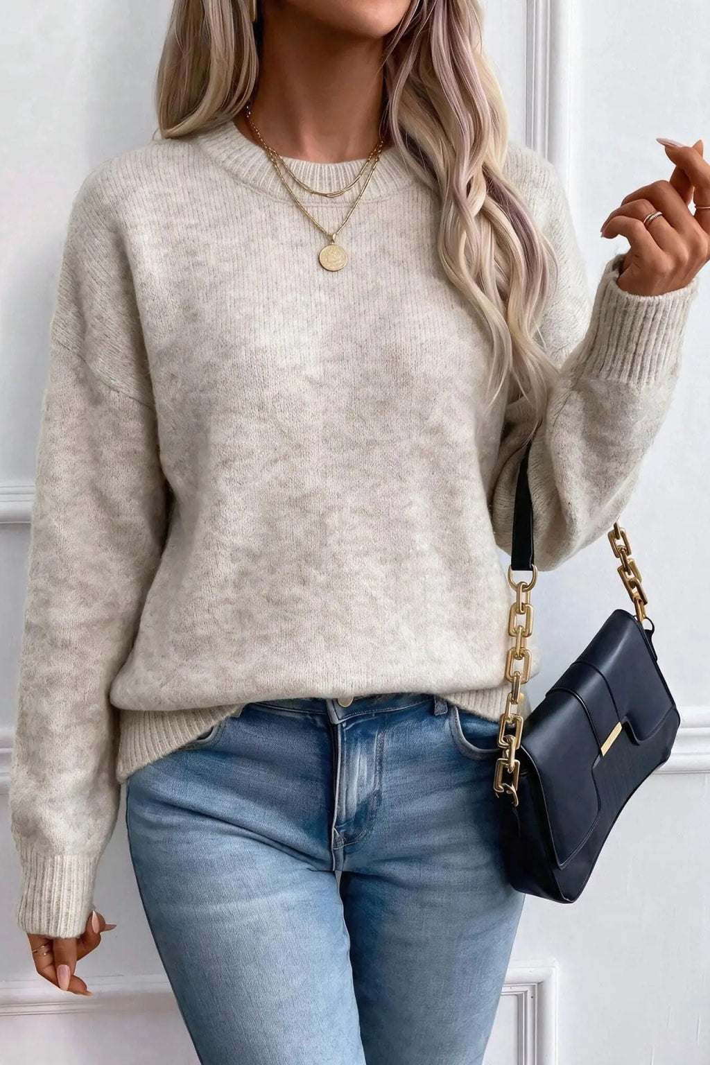 Knit Sweater Polka Dot Crew Neck Pullover - 10