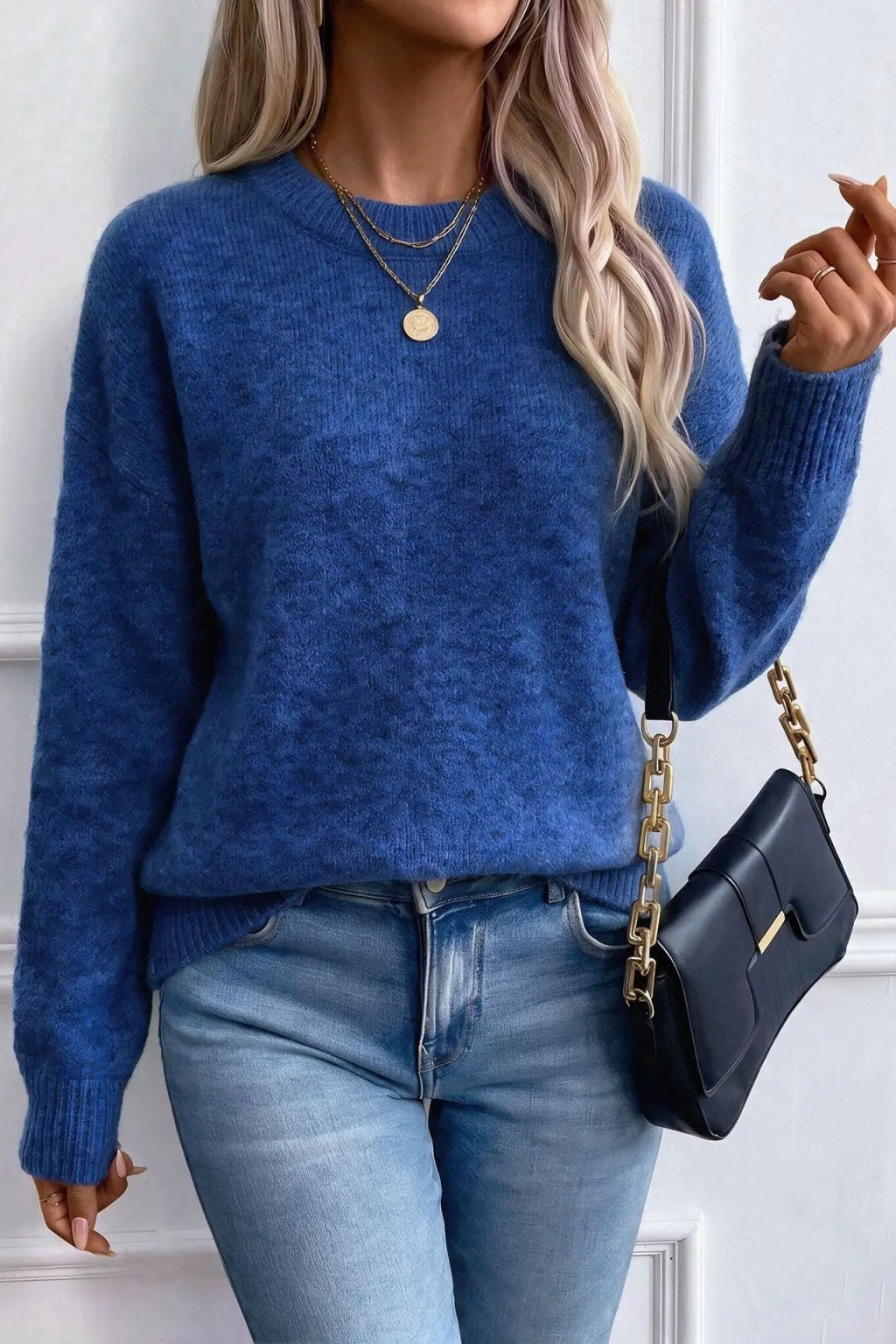 Knit Sweater Polka Dot Crew Neck Pullover - 11
