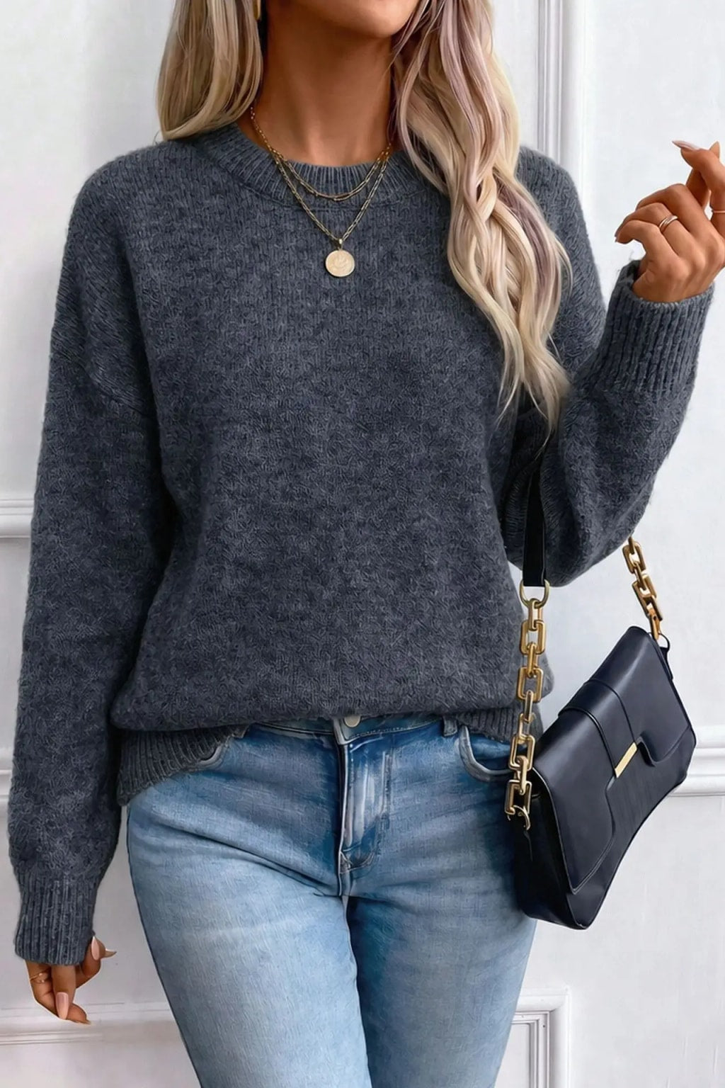 Knit Sweater Polka Dot Crew Neck Pullover - 9