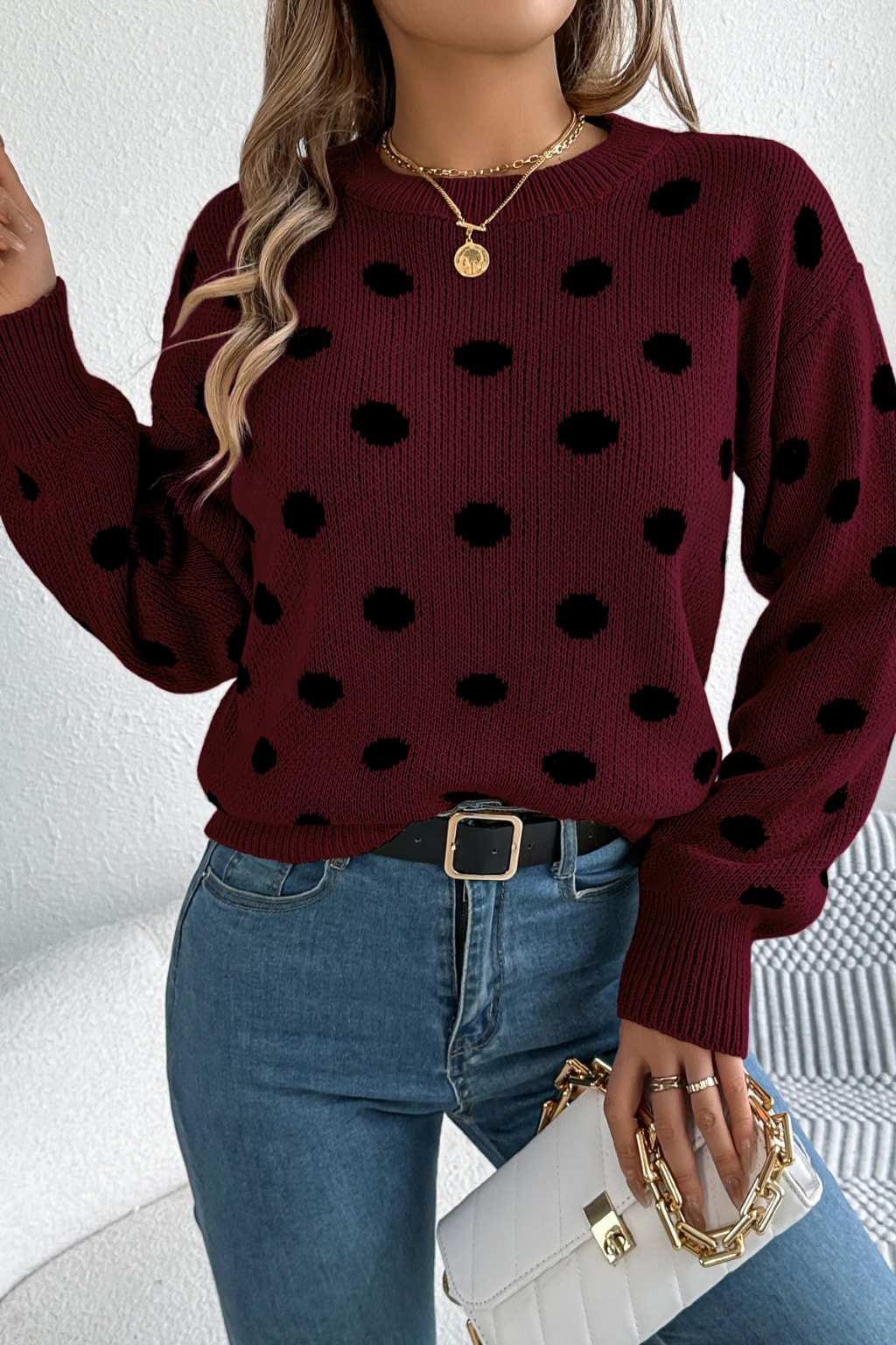 Acrylic Sweater Polka Dot Knit Pullover - 1