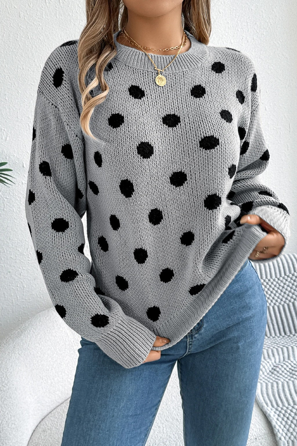 Acrylic Sweater Polka Dot Knit Pullover - 8