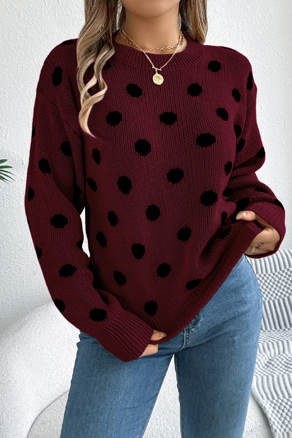 Acrylic Sweater Polka Dot Knit Pullover - 2