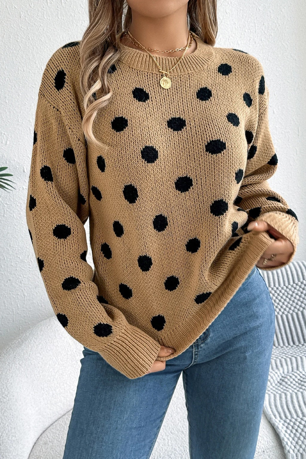 Acrylic Sweater Polka Dot Knit Pullover - 5