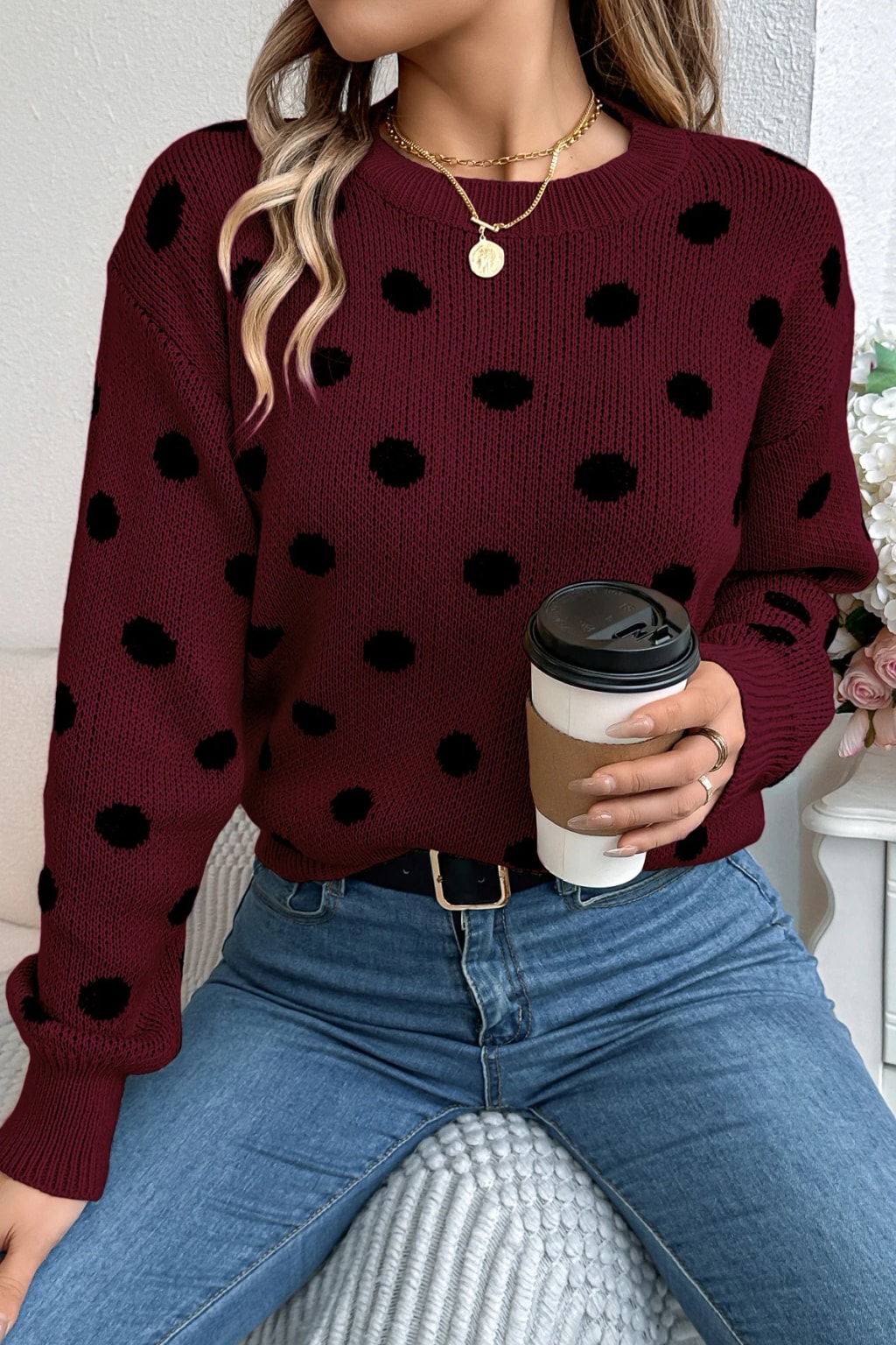 Acrylic Sweater Polka Dot Knit Pullover - 4