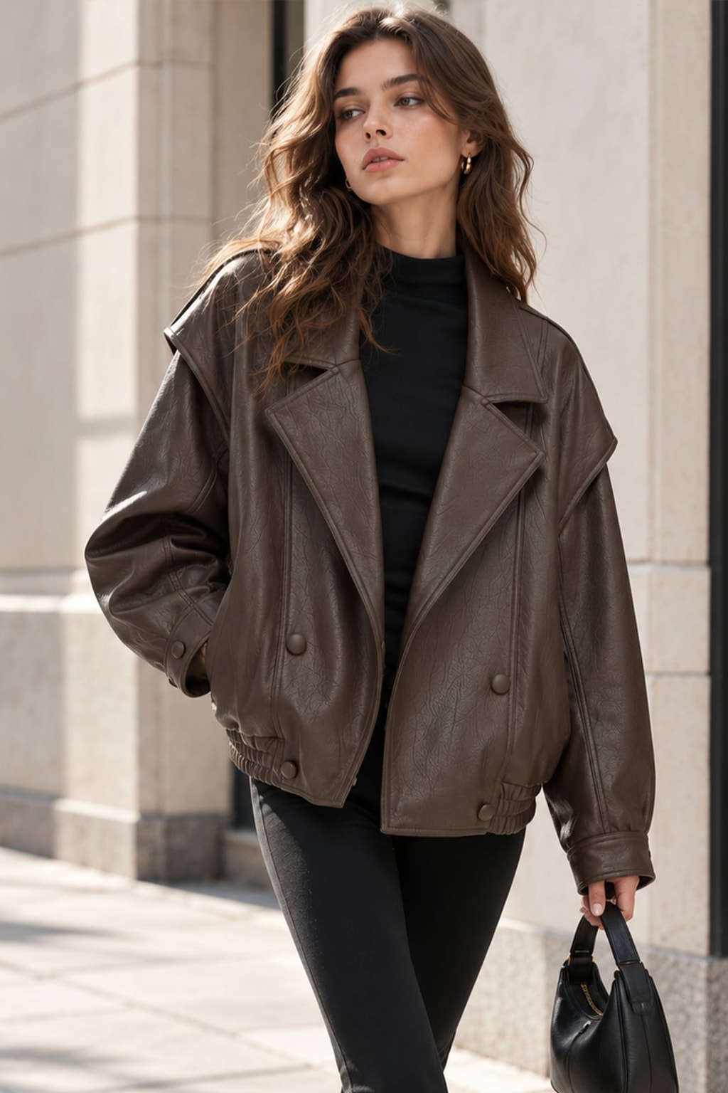 Faux Leather Bomber Jacket Casual Outerwear - 3