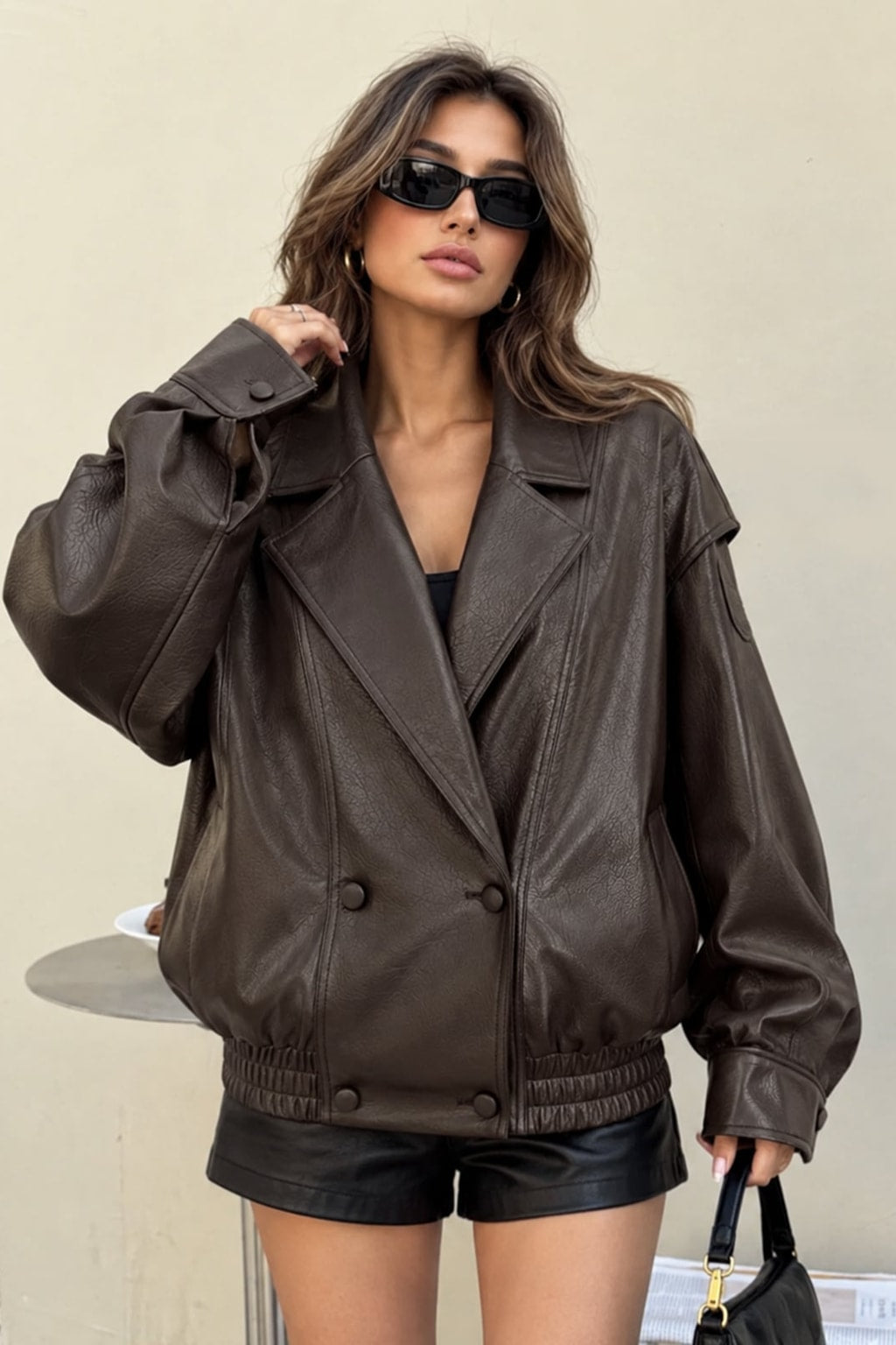 Faux Leather Bomber Jacket Casual Outerwear - 2