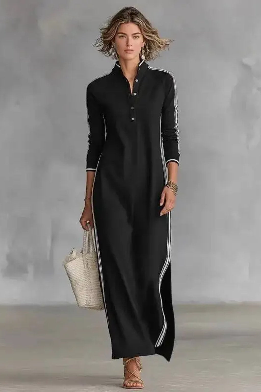 Cotton Maxi Dress Striped Trim Stand Collar - 2