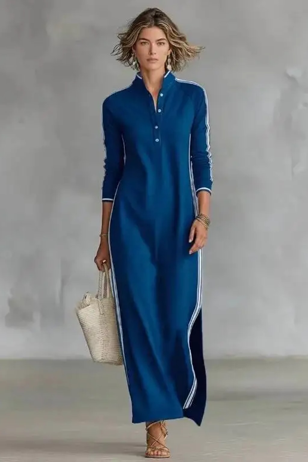 Cotton Maxi Dress Striped Trim Stand Collar - 4
