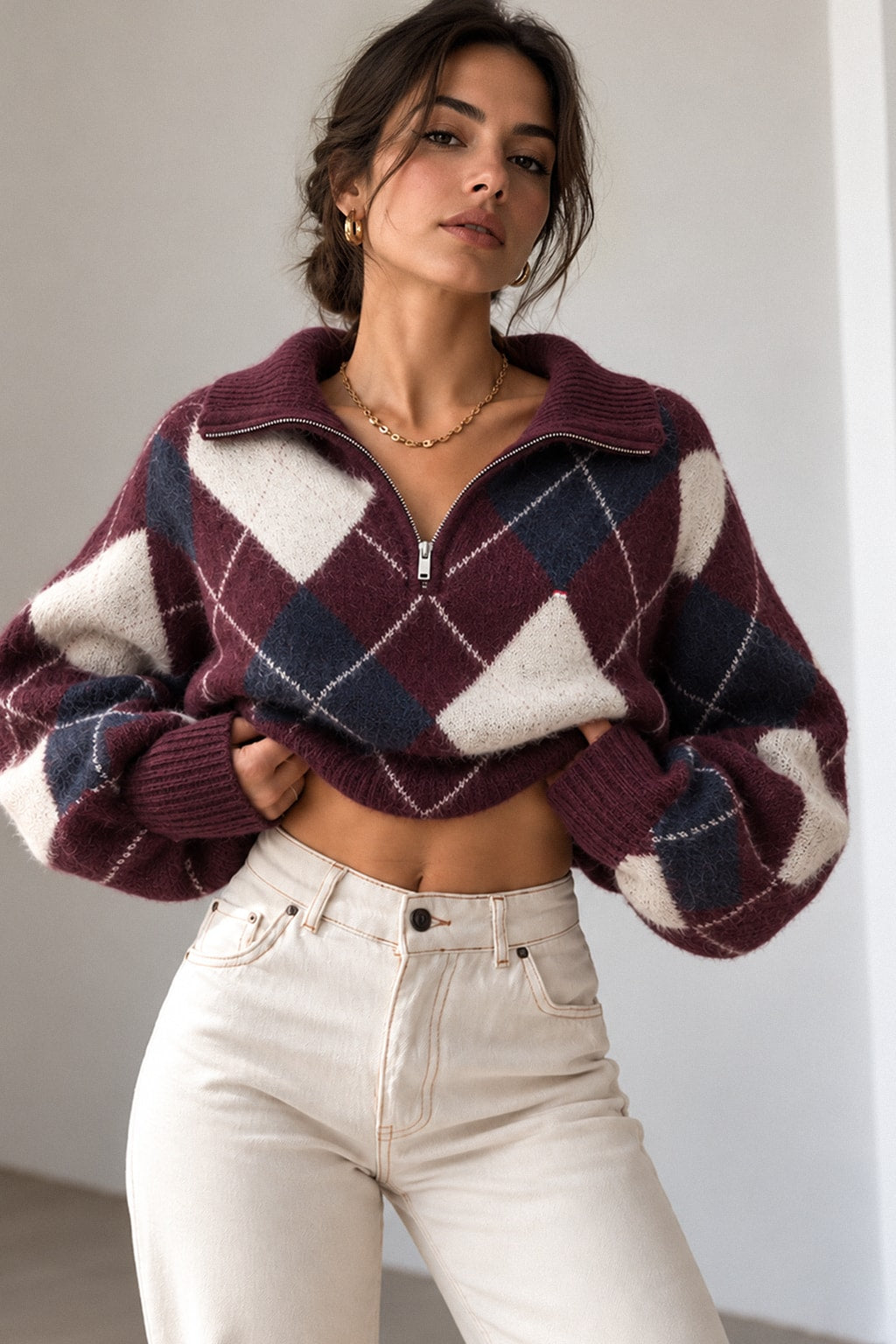 Knit Argyle Sweater Half Zip Pattern - 4