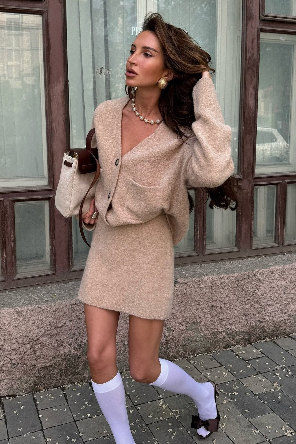 Knit Skirt Set V-Neck Cardigan Miniskirt - 4
