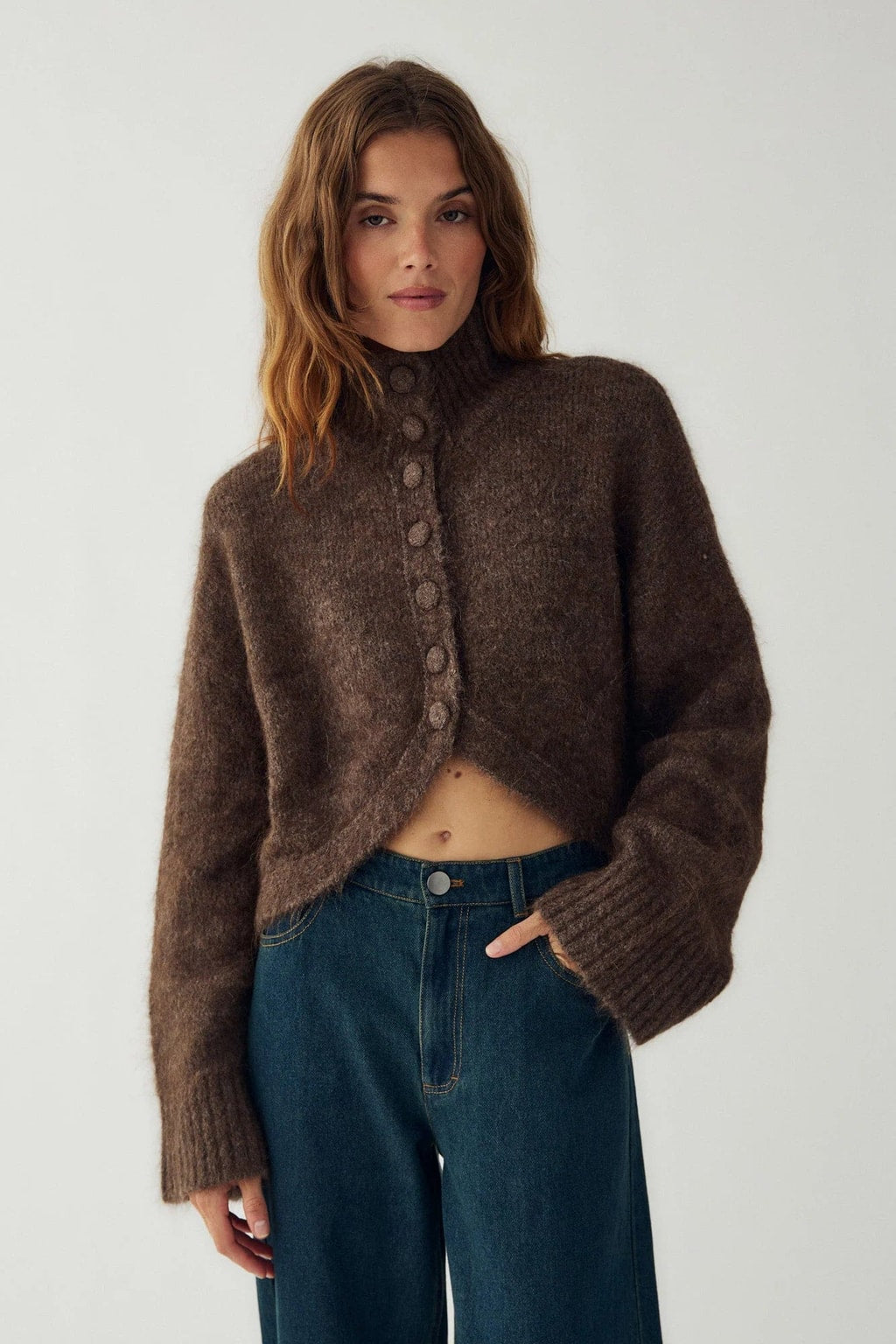 Knit Turtleneck Cropped Button Sweater With Split Hem - 5