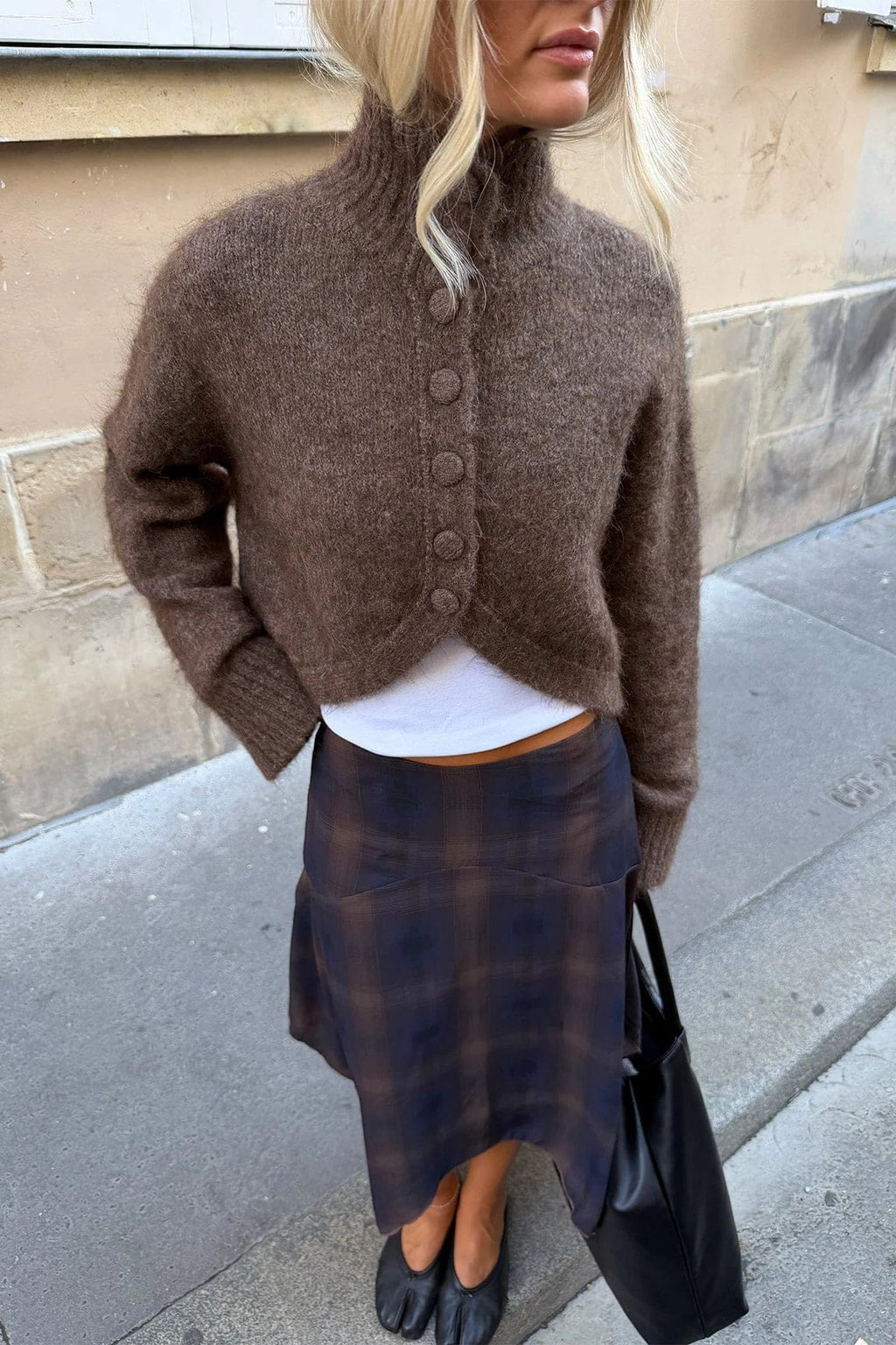 Knit Turtleneck Cropped Button Sweater With Split Hem - 6