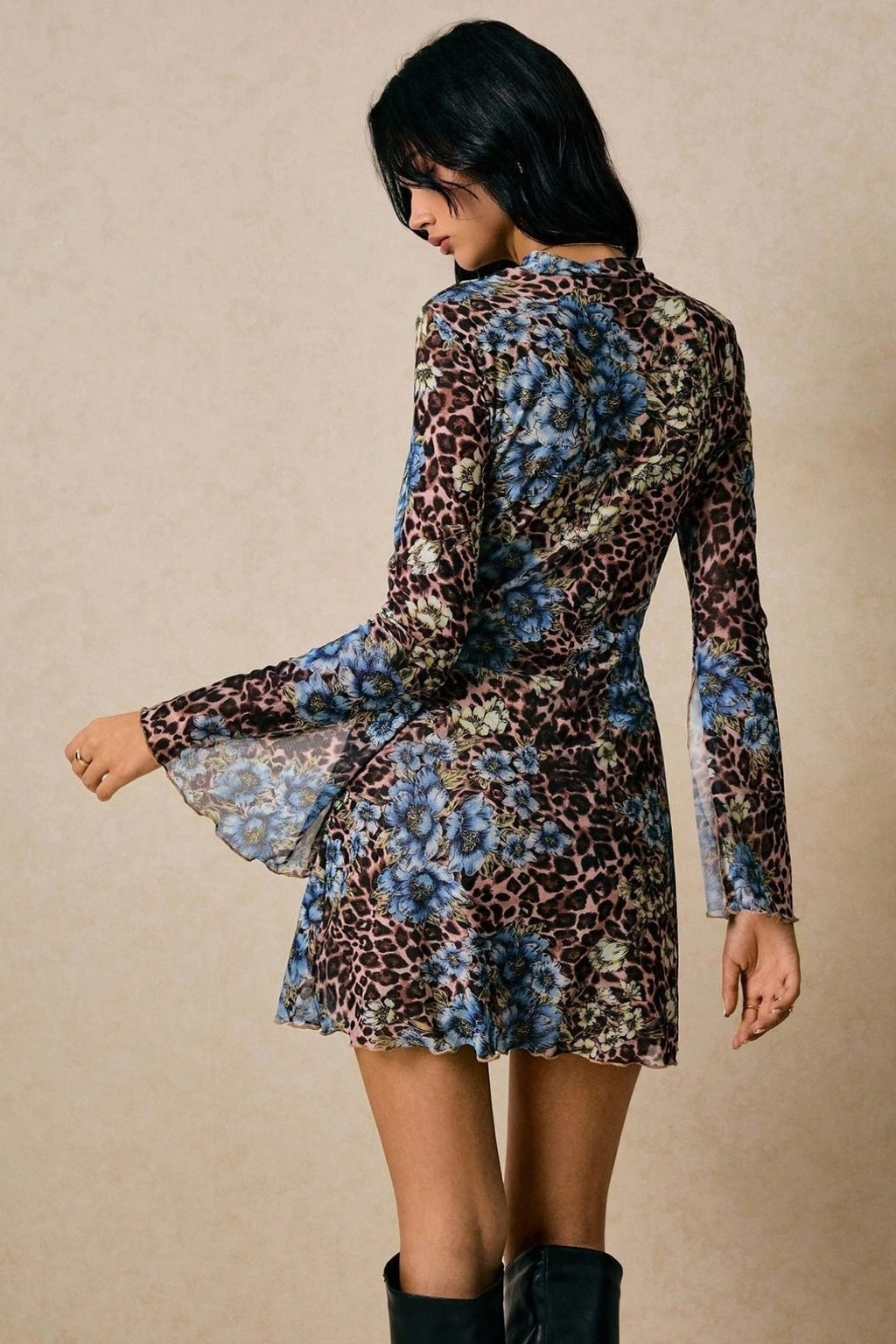 Mesh Mini Dress Floral Print Mock Neck - 4