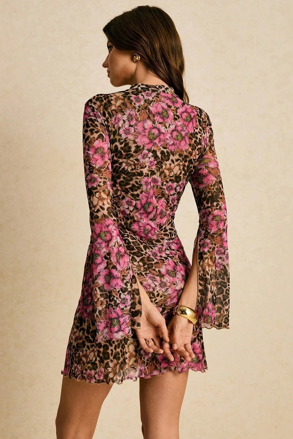 Mesh Mini Dress Floral Print Mock Neck - 6