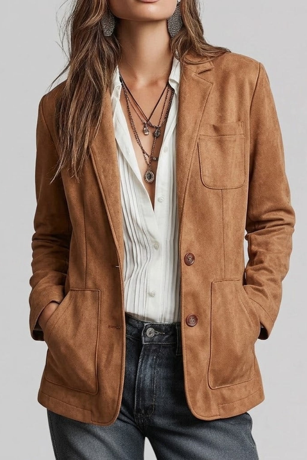Suede Blazer Tailored Fit Classic Button Front - 2