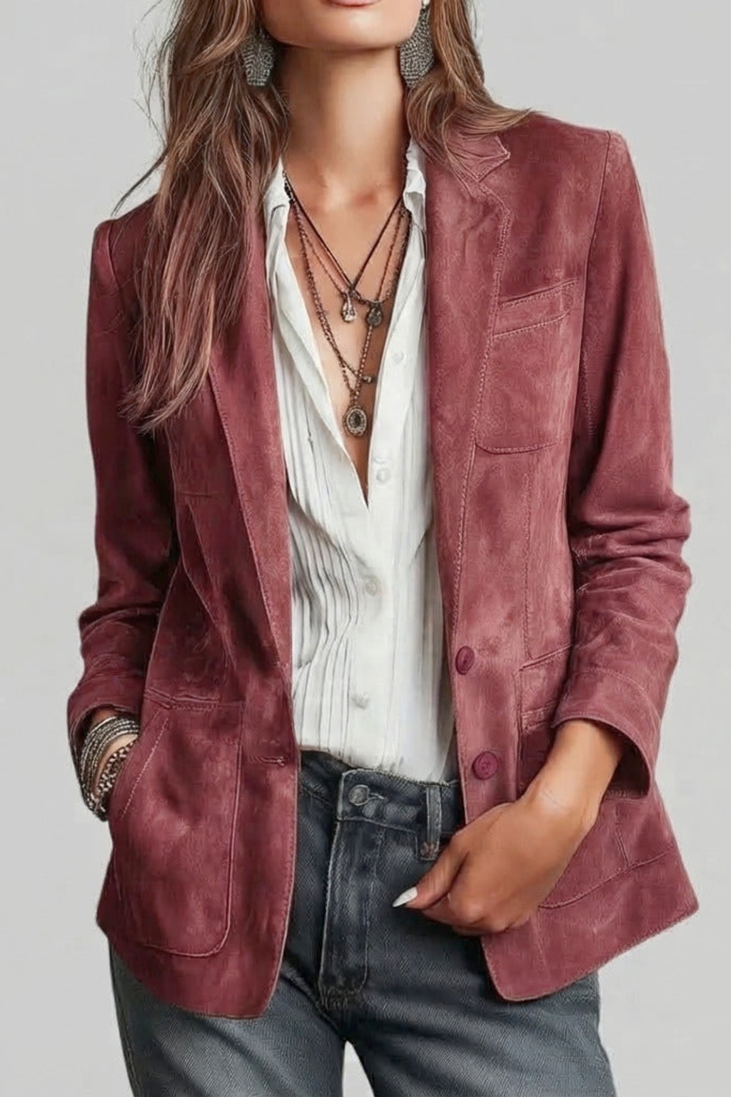 Suede Blazer Tailored Fit Classic Button Front - 5