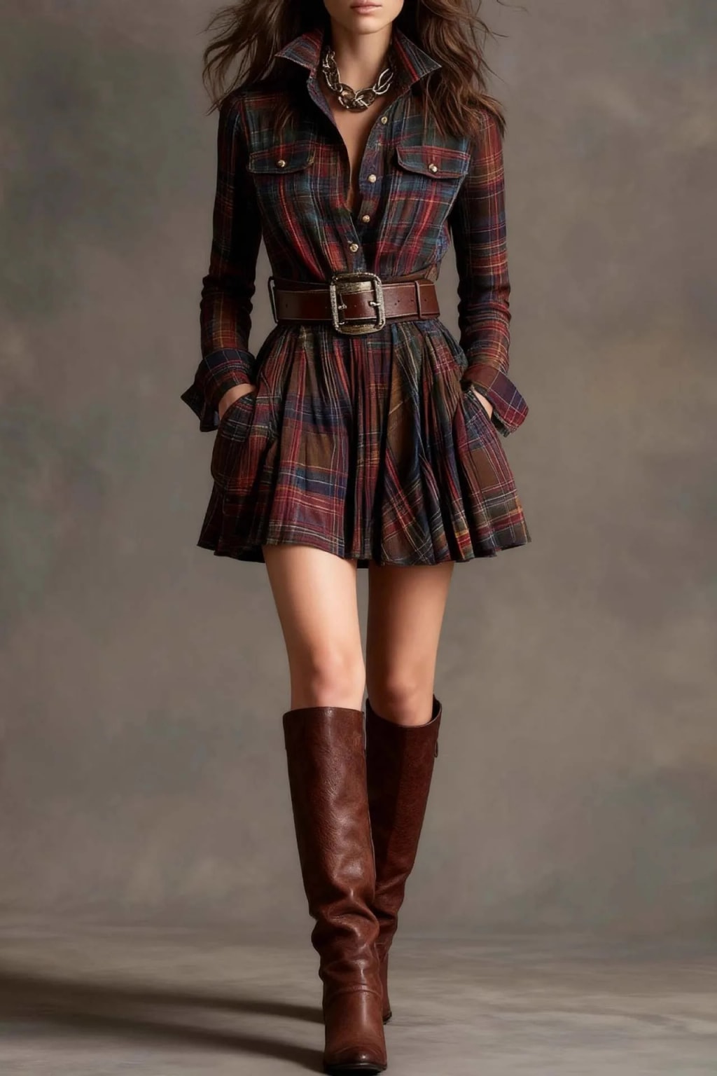 A-Line Dress Plaid Print Lapel Belted Waist - 3