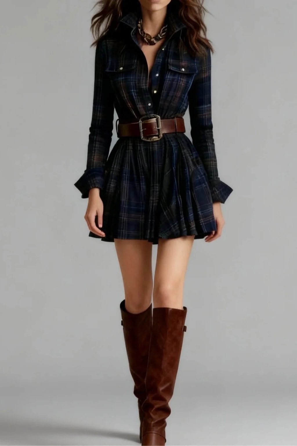 A-Line Dress Plaid Print Lapel Belted Waist - 5