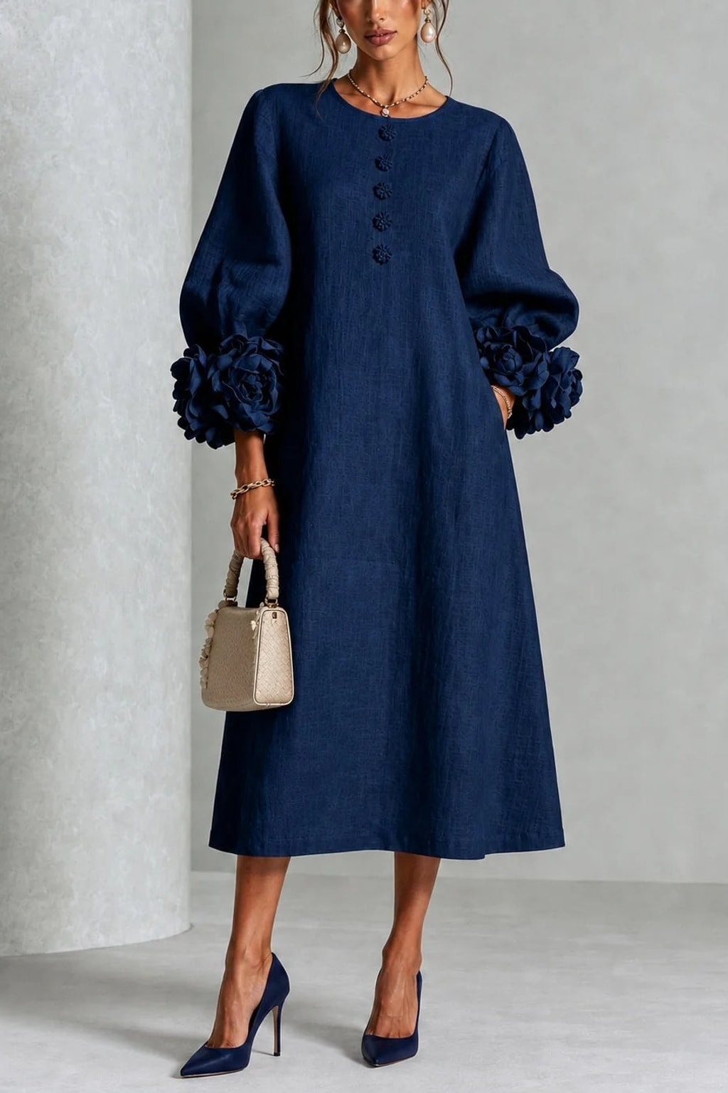 Floral Midi Dress Long Sleeve with Button Details - 2