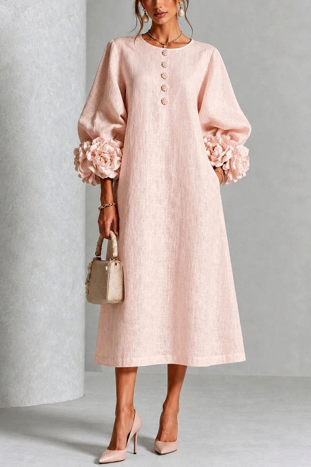 Floral Midi Dress Long Sleeve with Button Details - 3
