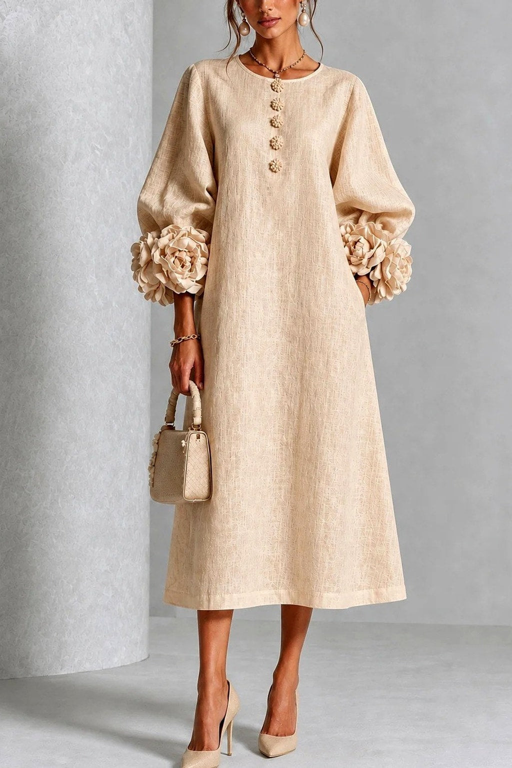 Floral Midi Dress Long Sleeve with Button Details - 4