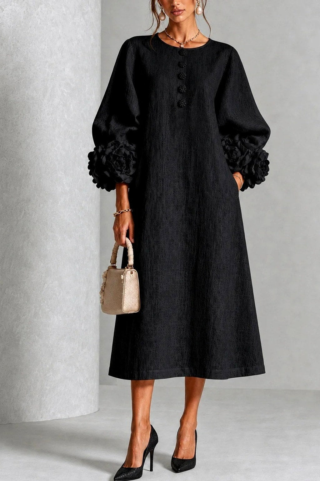 Floral Midi Dress Long Sleeve with Button Details - 6