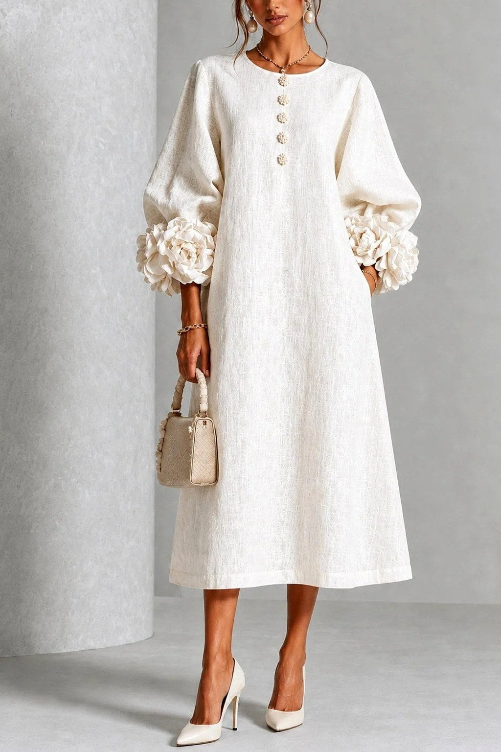Floral Midi Dress Long Sleeve with Button Details - 5